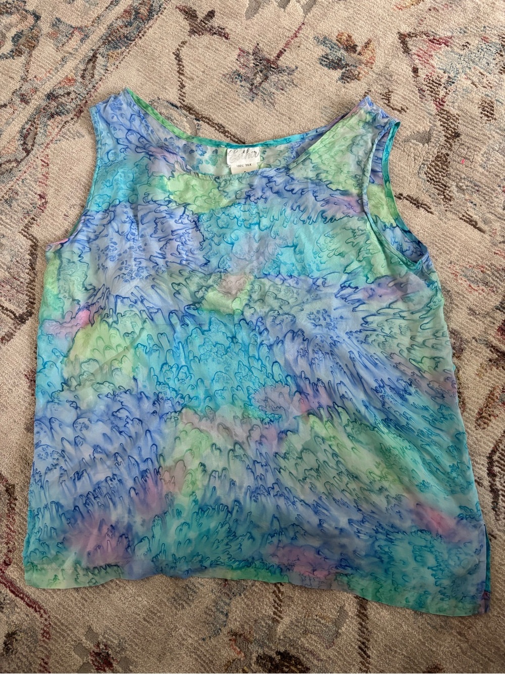 Esther Watercolor Print Silk Tank Top - Blue/Green
